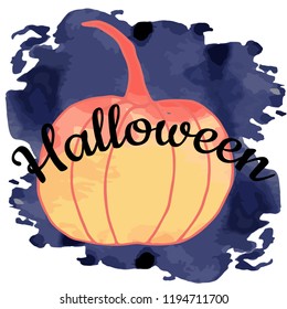 Vector hand-drawn halloween pumpkin, lettering, watercolor background