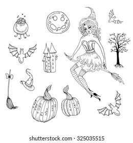 Vector hand-drawn Halloween set. Various objects: witches cauldron, witch, bat, broom, hat, pumpkin, full moon, tree, castle. On a white background
