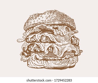 Hamburguesa de vectores dibujada a mano, ilustración sepia