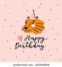 Vector hand-drawn happy birthday card with stylish lettering and cute tiger. Bright greeting card design. Ideal for kids and baby.