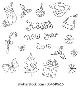Vector hand-drawn Happy New Year Card set of icons and elements: tree, gift, sweet, monkey, sock, snowflake, bow, cap. On a white background
