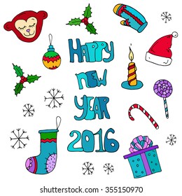 Vector hand-drawn Happy New Year Card set of color icons and elements: gift, sweet, monkey, sock, snowflake, candle, mittens, cap. On a white background