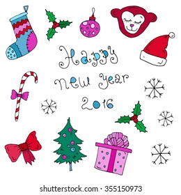 Vector hand-drawn Happy New Year Card set of color icons and elements: tree, gift, sweet, monkey, sock, snowflake, bow, cap. On a white background