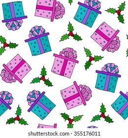 Vector hand-drawn Happy New Year seamless pattern of colored pink and blue gift box with a bow. On a white background   