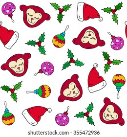 Vector hand-drawn Happy New Year colorful seamless pattern of icons and elements: Christmas balls, monkey, cap. On a white  background