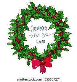 Vector hand-drawn Happy New Year illustration. Christmas green wreath with a red bow, isolated on white background