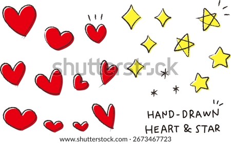 Vector hand-drawn hearts and stars doodle collection, simple sketch style love and sparkle icons for design, decoration, illustration, or background