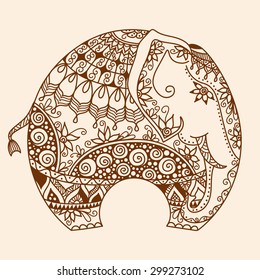 Vector Hand-drawn Henna Mehndi Tattoo Doodle With  Decorated Indian Elephant