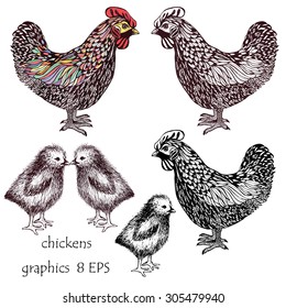 vector hand-drawn hens and chickens