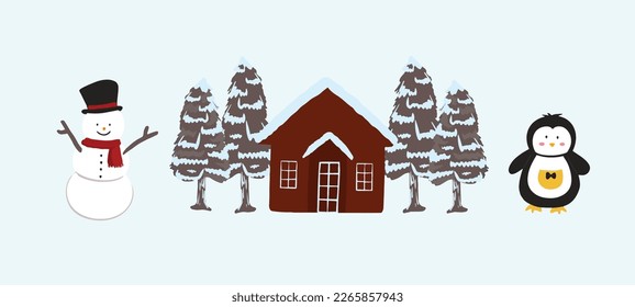 handgezeichnetes Haus mit Baum, bedeckt mit Winterschnee