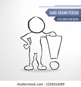 Vector hand-drawn human with exclamation mark. Decision idea
