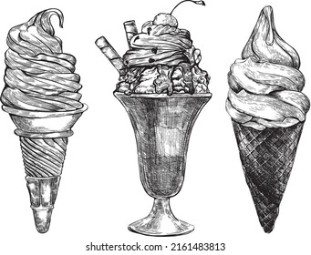 Vector hand-drawn ice cream set. Waffle cone with soft ice cream Illustration. Detailed retro style image, gelato. Vintage sketch element for labels, packaging and cards design. Modern background.