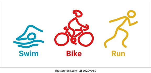 Vector hand-drawn icons symbolizing triathlon. Swim, bike, run. Symbols of triathletes in blue, red, yellow color – stylized icons of people swimming, cycling, running isolated on white background.