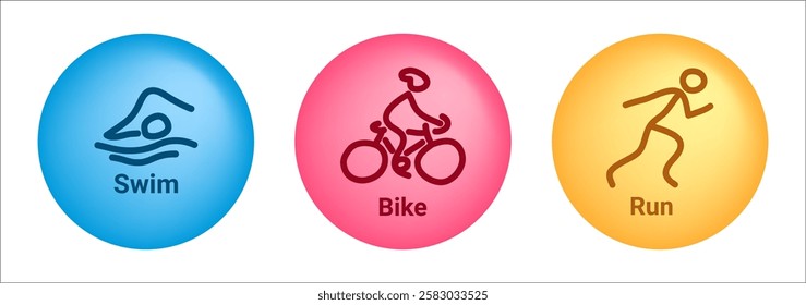  Vector hand-drawn icons symbolizing triathlon. Swim, bike, run. Symbols of triathletes in blue, red, yellow circles – stylized icons of people swimming, cycling, running isolated on white background.