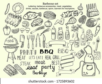 Vector hand-drawn illumination Barbecue grill hand drawn elements large set isolated on beige background. Cookout BBQ party. Sketch of barbecue charcoal kettle grill with tools and foods