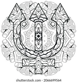 Vector handdrawn illustation of Neptune sign with mandala for coloring.