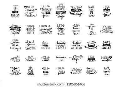 Vector hand-drawn illustrated lettering quotes about sea / ocean. Unique calligraphic quotes and phrases written by brush. Ready to use prints for poster, mug, bag, card or t-shirt design.