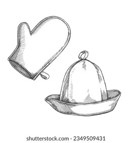 Vector hand-drawn illustration of accessories for Russian bathhouse isolated on white. Sketch of a felt hat and mitten for Finnish sauna.