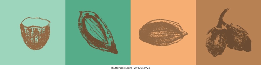 
Vector dibujado a mano ilustración de almendras. Dibujos de color de nueces de almendra para el diseño de etiquetas de pasta de mazapán o envasado de mantequilla de almendra. Bosquejos botánicos. Anuncio de almendras en flor.