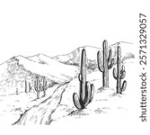 Vector hand-drawn illustration of American desert with big cacti. Black and white sketch of prairie. Nature of America.

