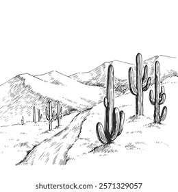 Vector dibujado a mano ilustración del desierto americano con grandes cactus. Bosquejo blanco y negro de la pradera. Naturaleza de América.

