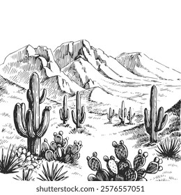 Vector hand-drawn illustration of American desert with big cacti. Black and white sketch of prairie. Nature of America.
