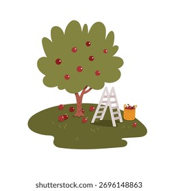 Ilustração à mão desenhada por vetor de uma macieira com uma escada. Esboço de uma paisagem de outono acolhedor.
