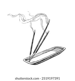 Vector hand-drawn illustration of aroma sticks on wooden holder isolated on white. Sketch of smoldering incense.