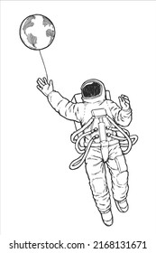 Vector hand-drawn illustration with an astronaut trying to catch a ball by a string. Sketch of a cosmonaut who released a planet from his hand. The Earth flying away from the spaceman's hand.