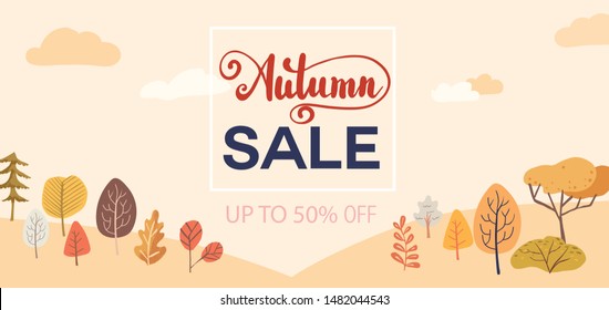 Vector hand-drawn illustration with autumn background landscape. Mid autumn forest with yellow and red trees and clouds. Banner design template with text block.