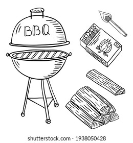 Vector hand-drawn illustration of barbecue, firewood, matches drawn by hand in doodle style excellent elements for your design.