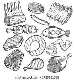 Vector hand-drawn illustration of a barbecue grill set of different meat: ribs, steaks, lamb, wing, fish, salmon, shrimp, hand-drawn in doodle style, great elements.