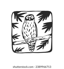 Vector hand-drawn illustration of a Barking owl in nature. A framed sketch with a wild Australian bird.