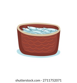 Vector hand-drawn illustration of basket full of fish. Coastal element.
