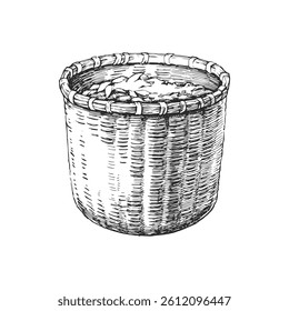 Vector dibujado a mano ilustración de una cesta con hojas. Bosquejo del equipo de un recolector de té.