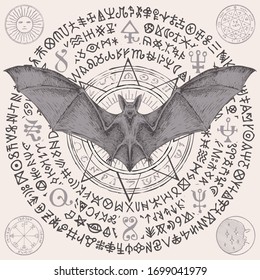 Vector hand-drawn illustration of a bat with open wings. Witchcraft, occult attributes, alchemical symbols. A night creature with fangs. Flying vampire on the background of a star and magic runes