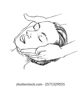 Vector hand-drawn illustration of a beautiful woman's face and hands doing massage. Sketch of girl in spa. Facial massage.