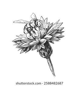 Vector hand-drawn illustration of bee worker collect honey. Sketch of insect on flower. Beekeeping.
