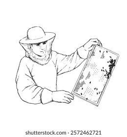 Vector hand-drawn illustration of a beekeeper holding a frame with honeycombs. Black and white sketch of honey harvesting. 
