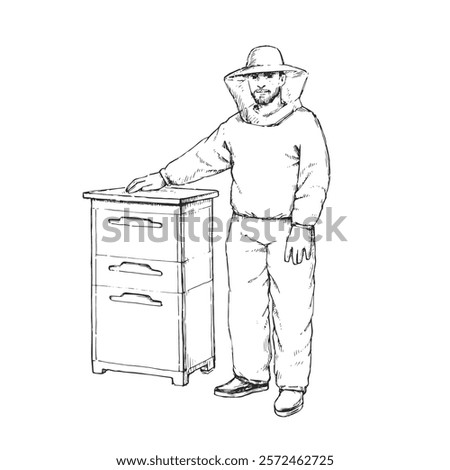 Vector hand-drawn illustration of a beekeeper staying with a hive. Black and white sketch of honey apiary.