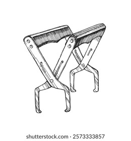 Vector hand-drawn illustration of beekeeping frame holder. Black and white sketch of Clip. Gripper with wooden handles.