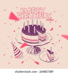 Vector Hand-drawn Illustration of Birthday Cake with Candles