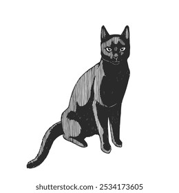 Vector hand-drawn illustration of black cat isolated on white. Black and white sketch of Halloween symbol.