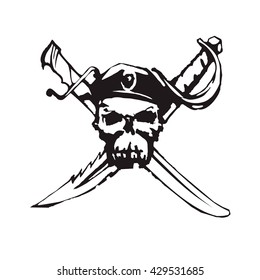 Vector handdrawn illustration. Black jolly roger pirate symbol on white background. Tattoo design.