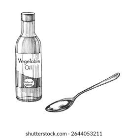 Vector hand-drawn illustration of a bottle of oil and a spoon. Black and white sketch with food ingredient.