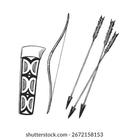 Vector hand-drawn illustration of a bow, arrows and quiver. Sketch of an American native weapon.