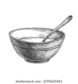 Vector hand-drawn illustration of bowl with white mash and spoon. Sketch of cooking process.
