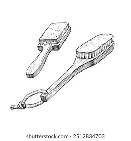 Ilustração de vetor desenhada à mão de pincel e pedra-pomes isolada em branco. Esboço preto e branco de acessórios de banho em estilo de gravação.
