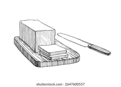 Vector hand-drawn illustration of a butter piece on a wooden board. Black and white sketch of a natural dairy product.
