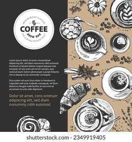 Vector hand-drawn illustration, cafe menu template. Coffee drinks and snacks, such as cookies and croissants. Paper cup and mugs. Drinks in cups with pastries and cute flowers. Top view picture.